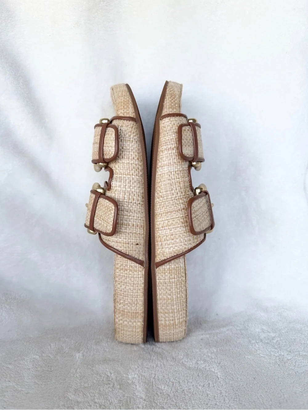 J.Crew Raffia Double Strap Buckle Slide Sandals Leather Womens 6.5Preppy  Resort